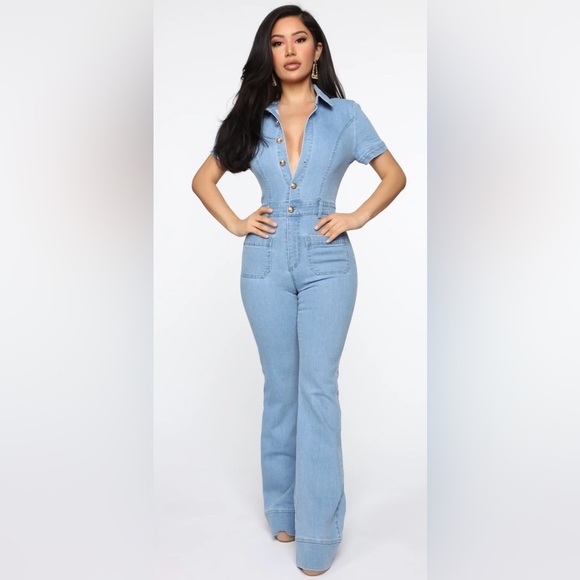 Fashion Nova Denim - Fashion Nova Flirty Flare Denim Jumpsuit-light wash. Small. Like new.
